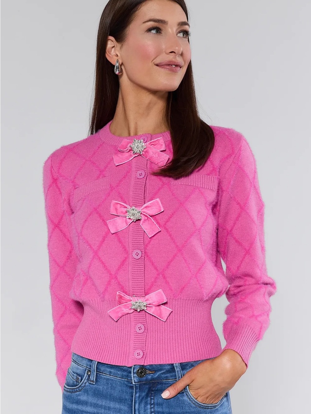 Pink Bow-Embellished Diamond Knit Cardigan Sweater